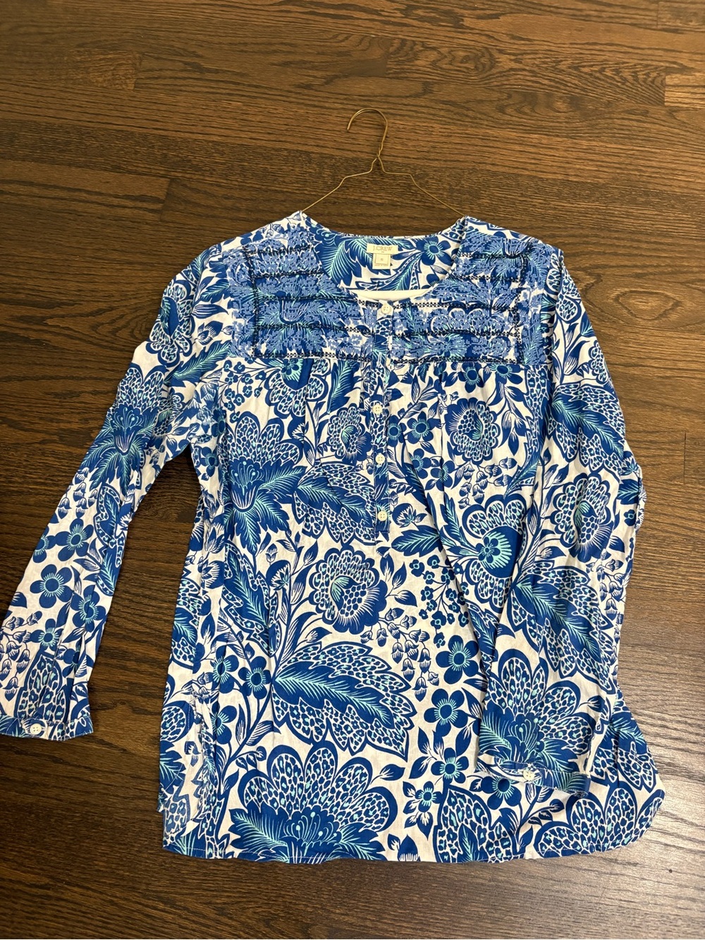 J. Crew Blue and White Floral Long-Sleeve Top